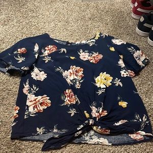 Dark blue floral top with tie crop bottom